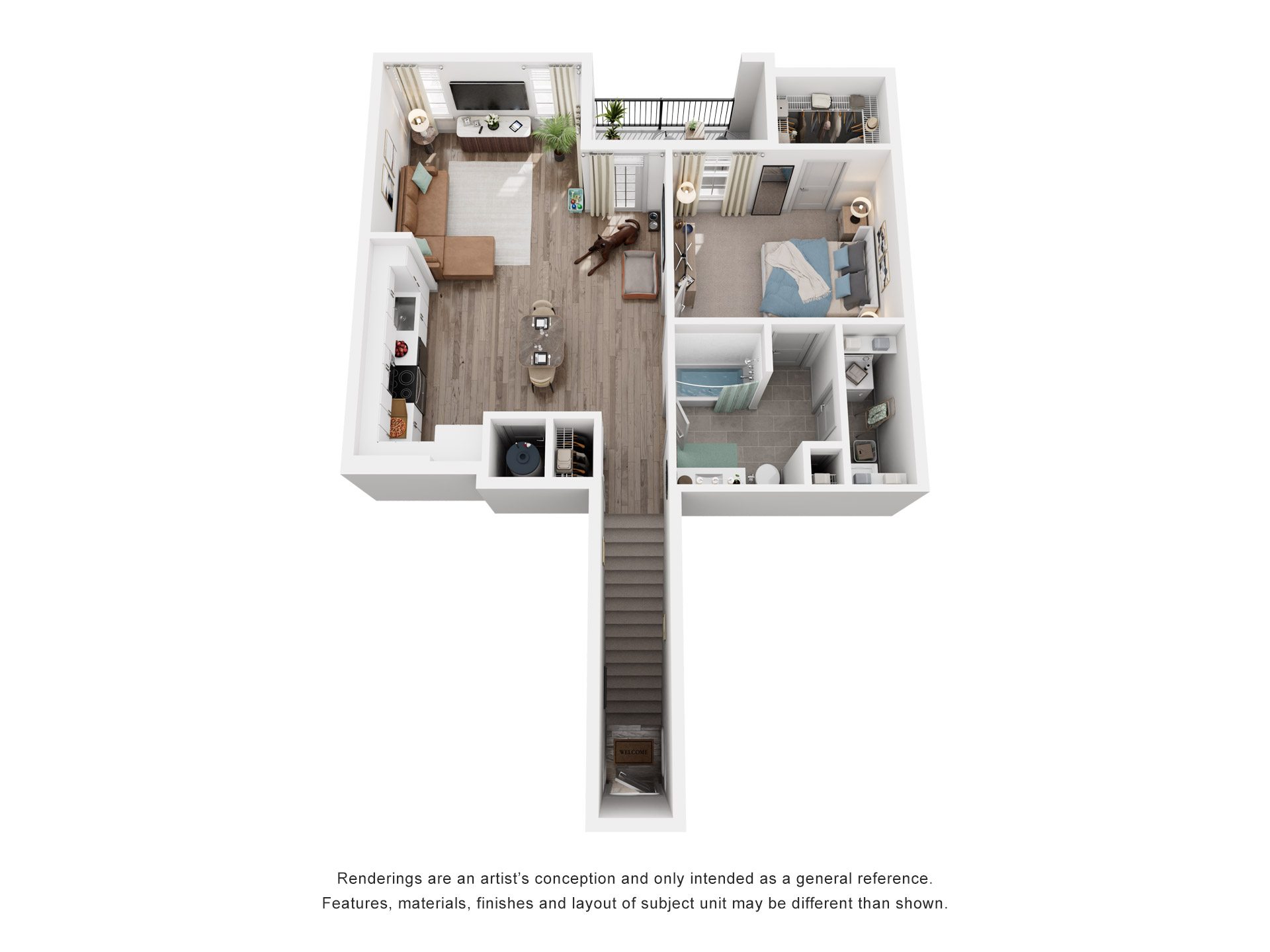 Floor plan for 1 bed, 1 bath, 755 sqft